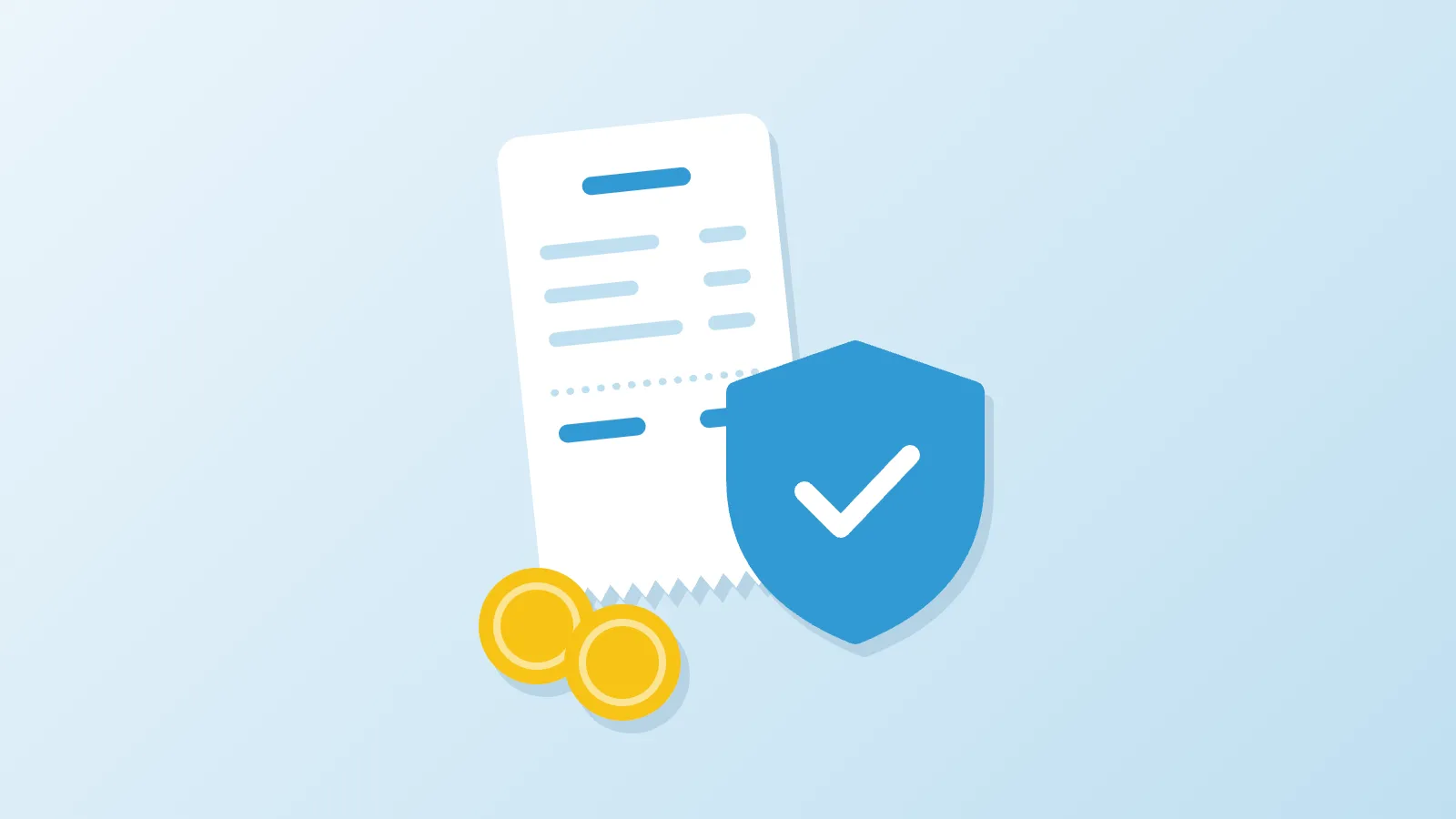 Illustration of a receipt partly covered by a shield with a check mark, and two coins