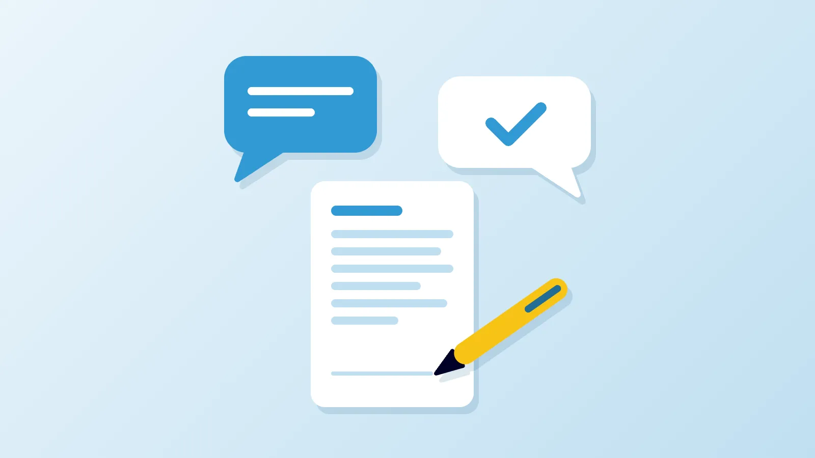 Illustration of two speech bubbles, one with a check mark, above a document and a pen