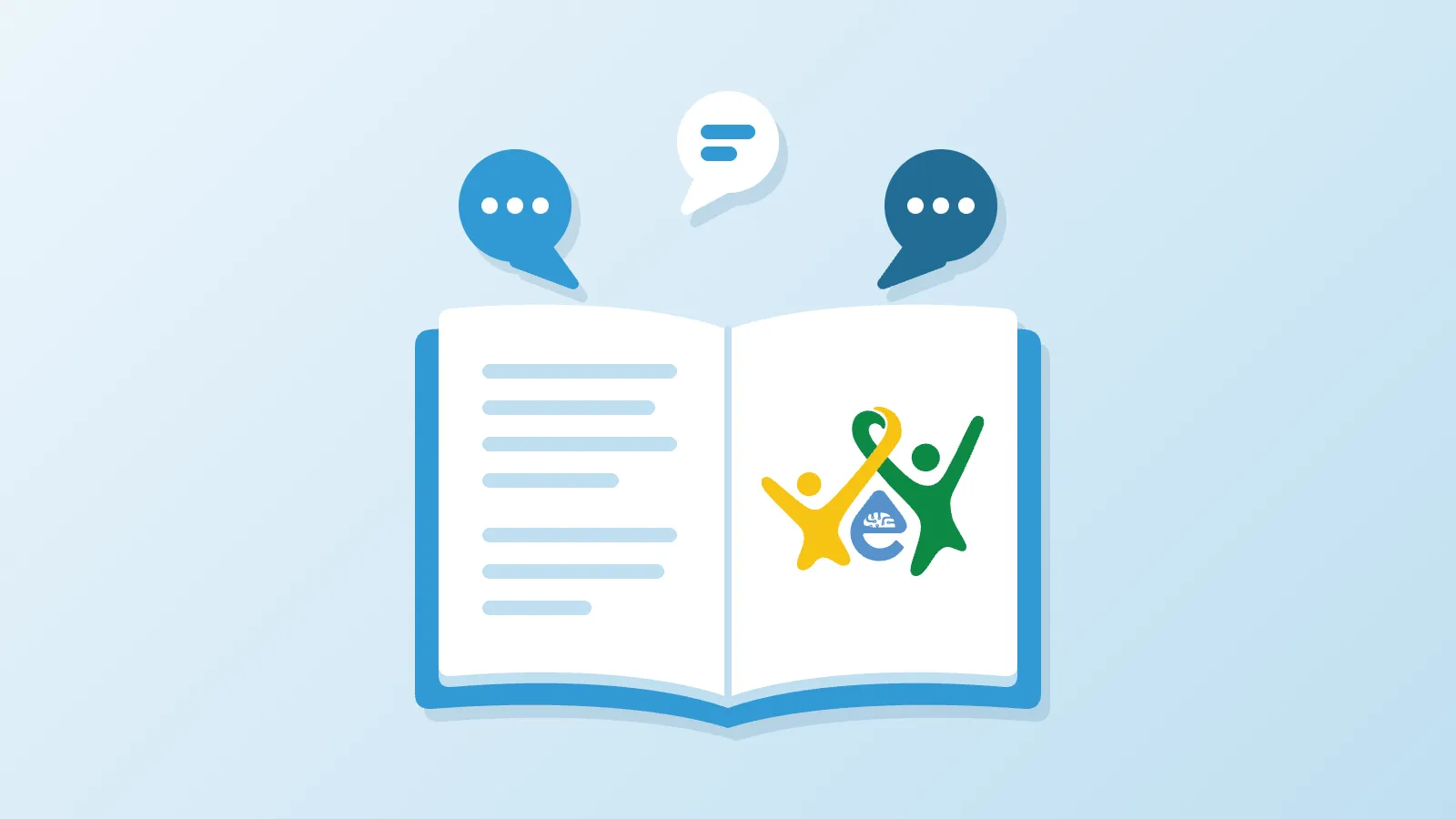 Illustration of the WeTrials logo on an open book, with three round speech bubbles above it