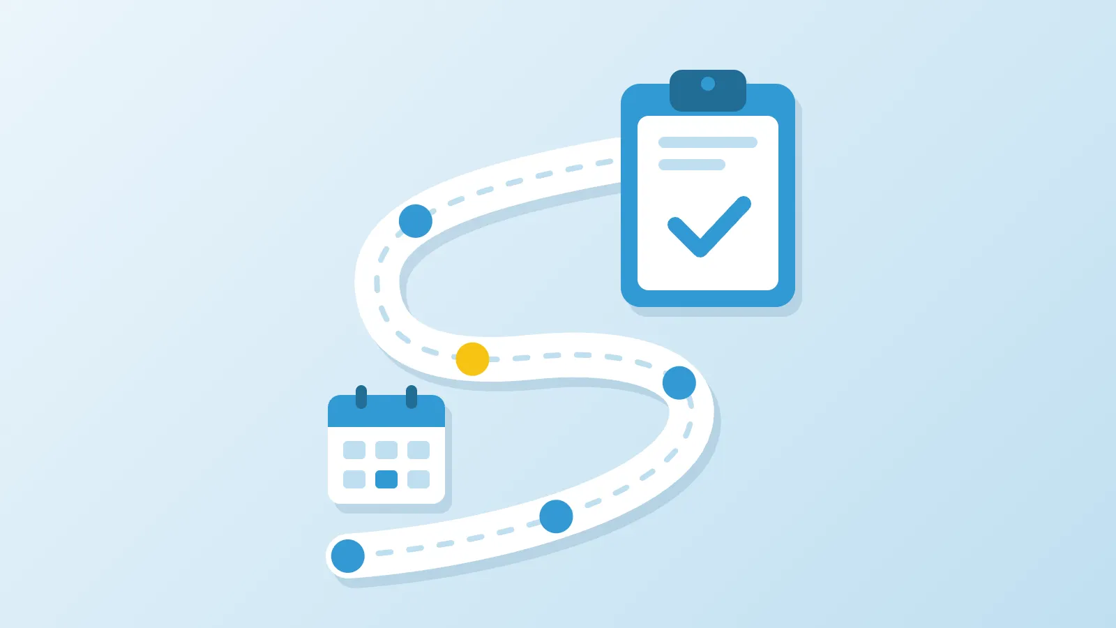 Illustration of a winding path with milestones, a calendar and a clipboard with a check mark